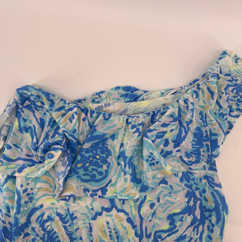 Lilly Pulitzer One Shoulder Top Women Medium Blue Shell Print Ruffle Pima Cotton